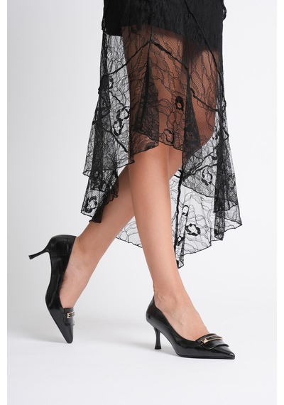 Kadın Deri Krokodil Sivri Burunlu Topuklu Ayakkabı 6.5 Cm Gold Tokalı Siyah Soraya Siyah