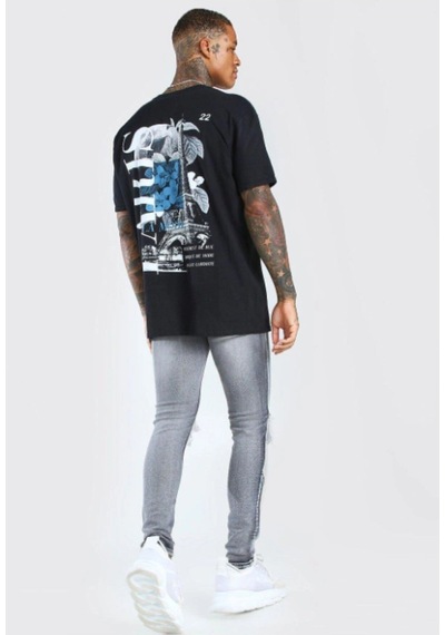 Startmore Siyah Paris Baskılı Oversize Bisiklet Yaka T-shirt Siyah