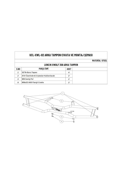 Moto Üçel Loncın Xwolf 300 Atv Uyumlu Arka Tampon Koruma Demiri