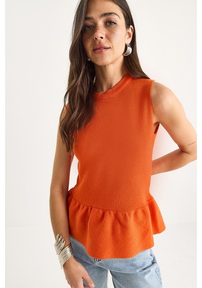 Shade Kadın Bisiklet Yaka Peplum Triko Top 20251019 - Turuncu Shade Kadın Bisiklet Yaka Peplum Triko Top 20251019 - Turuncu