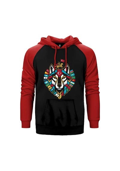 Totem Tarzı Kırmızı Renk Bozkurt Amblemi Baskılı Çift Renk Reglan Kol Sweatshirt / Hoodie