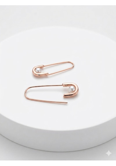 Kadın Rose Gold Renk İnci Detaylı Güvenli İğne Tasarım Küpe Minimal Şık Model