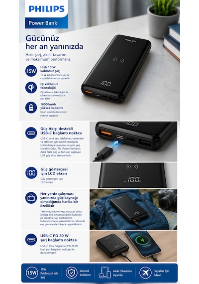 Philips DLP9520C/00 10000mAh Kablosuz Powerbank15W Qi Kablosuz Şarj, 20W PD USB-C, QC 3.0, LCD Ekran Siyah