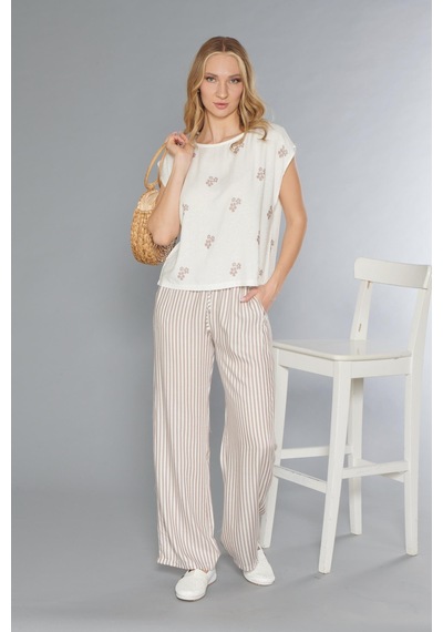 Kısa Kol Dokuma Keten Pijama Takımı Yazlık Flz 88-106 Vizon