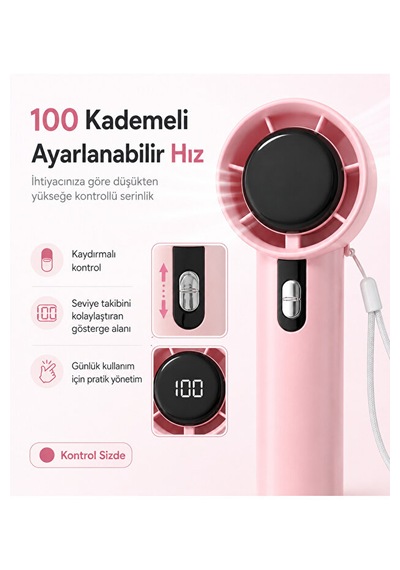 100 Kademeli Hız Ayarlı Şarjlı El Fanı Dijital Göstergeli Taşınabilir Mini Vantilatör Pembe