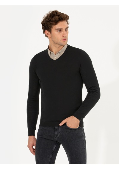 Cacharel Siyah Slim Fit V Yaka Basic Triko Kazak