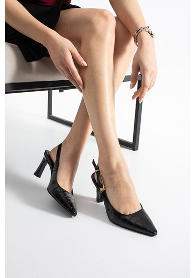 Dericia Shoes Sapphire Hakiki Deri Kadın İnce Topuklu Arkası Açık Ayakkabı Siyah