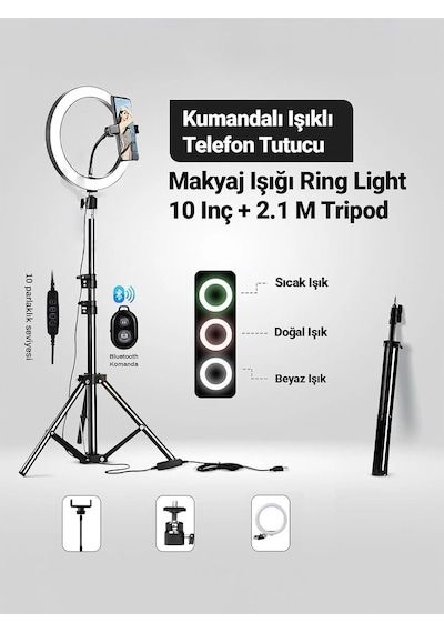 Tr 10 İnç Led Ring Light, 3 Renk, Bluetooth Kumandalı, 2.1 M Tripod, Tiktok Makyöz Çekim Işığı