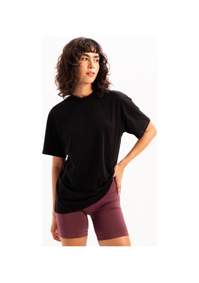 Justever 100% Pamuk Oversize Fit Bisiklet Yaka Siyah Kadın T-shirt - Halo Siyah