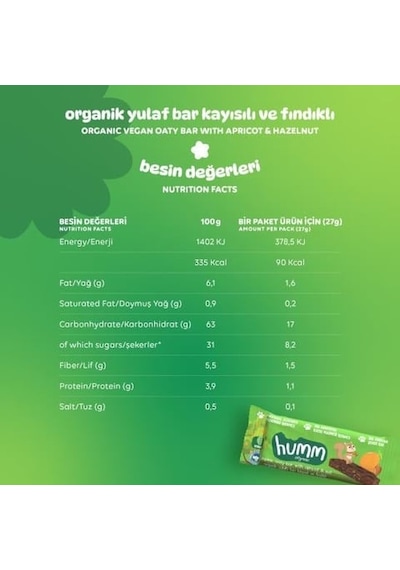 Organik Kayısılı Fındıklı Yulaf Bar 27 Gr 27 G