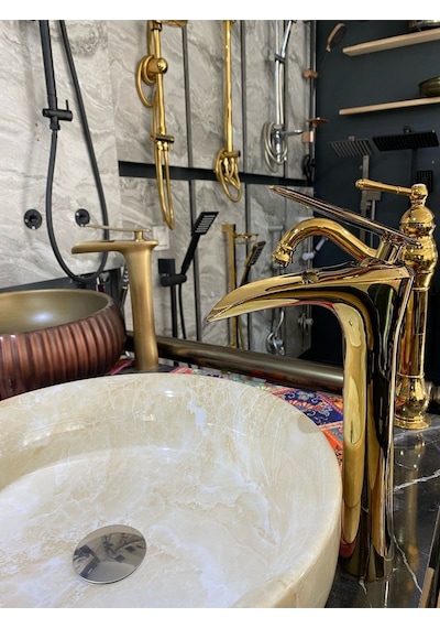 İsaoğlu Yapı Şelale Lavabo Bataryası Gold Çanak Lavabo Bataryası Şelale Akışlı Altın Lavabo Musluk Banyo Batarya Gold