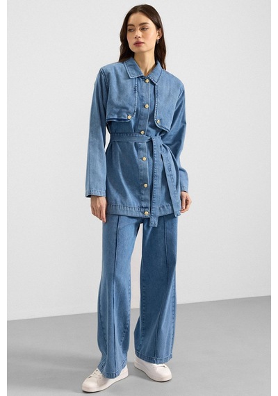 Olcay Pelerin Ve Metal Düğmeli Ceket Pantolon Denim İkili Takım Mavi 9393-tk