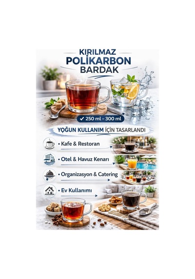 Polikarbon Kırılmaz Kulplu Bardak 300 Ml Cam Görünümlü Çay Kahve Bardağı Sıcak Soğuk Uyumlu Şeffaf