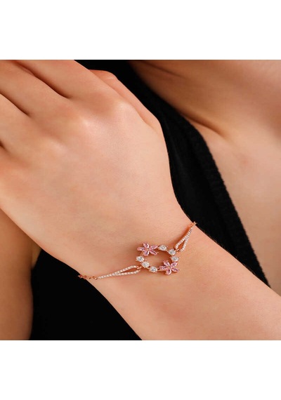 Gümüş Rose Pembe Çiçek Kadın Bileklik Sl6003 Gümüş
