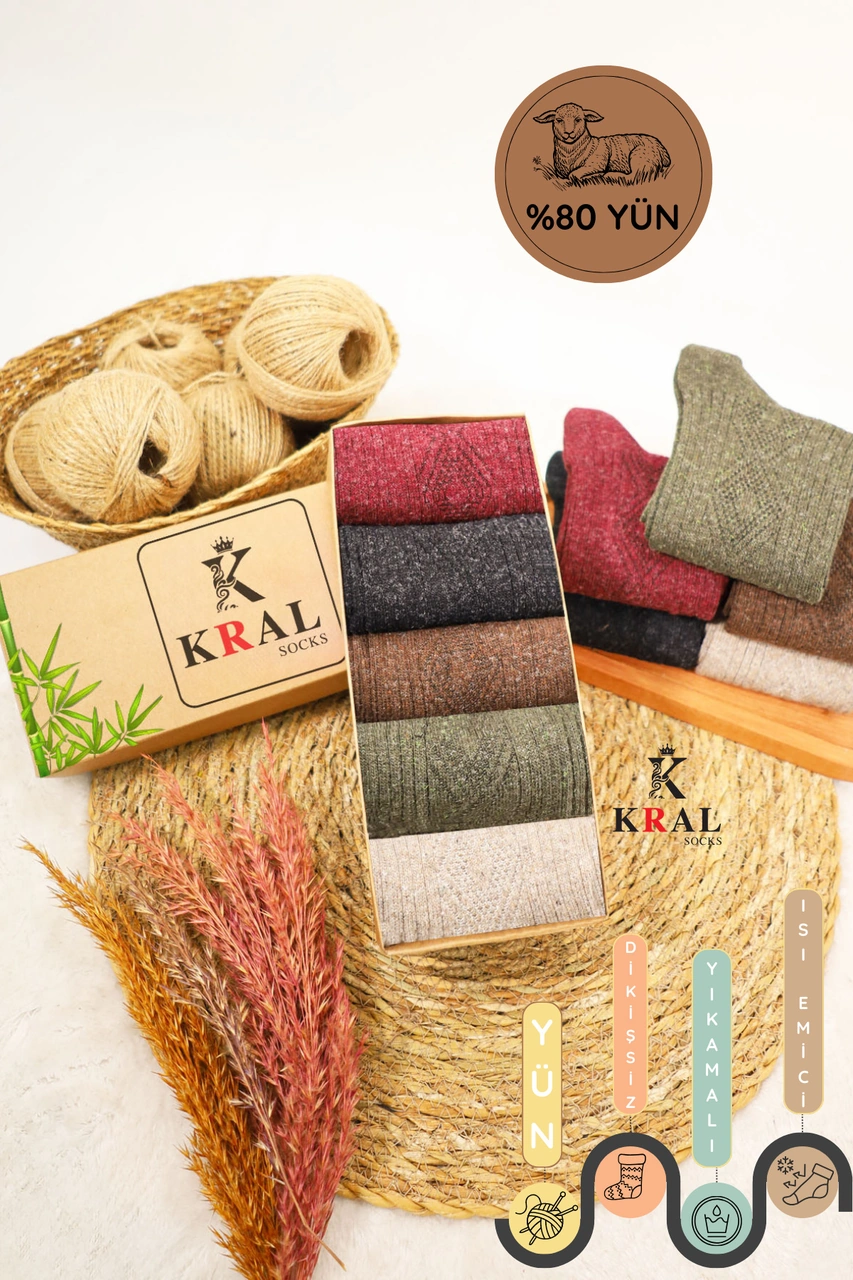 Miss Lana Ladies Socks Kışlık 5 Çift Lambswool Kadınlar Için Termal Kutulu Dikişsiz Yün Çorap ASORTİ