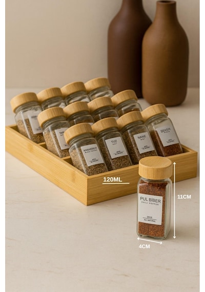 13 Parça Bambu Standlı Cam Baharatlık Seti 120 Ml - 12'li + 1 Standlı Baharatlık Takımı Şeffaf