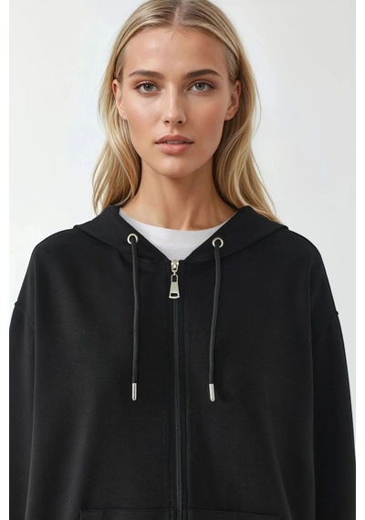 Hiccup Fermuarlı Uzun Kollu Kalçayı Kapatan Kapüşonlu Sweatshirt Siyah