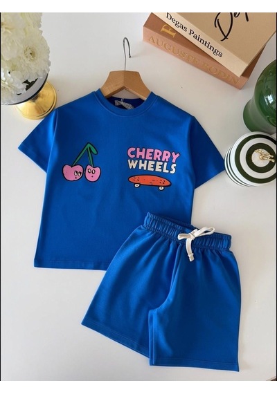 Magu Kız Çocuk Pamuklu Kiraz Ve Kaykay Baskılı T-shirt Şort Takım Mavi