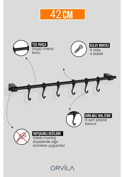 Siyah Metal Mutfak Ve Banyo Askısı 6 Kancalı Askı Demiri 42 Cm Çubuk