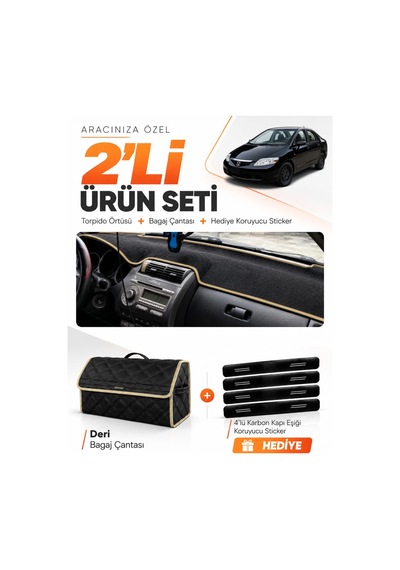 Honda Cıty 2002-2007 Uyumlu Torpido Örtüsü + Deri Bagaj Çantası + Sticker Seti - Siyah Bej