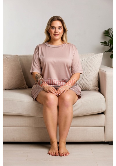 Lady Pudra Renk Çiçek Desenli 10446 Şortlu Büyük Beden Anne Pijama Takımı - 4xl