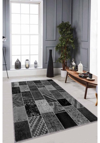 Gri Patchwork Kaymaz Tabanlı Makinede Yıkanabilir Halı Rv222n11