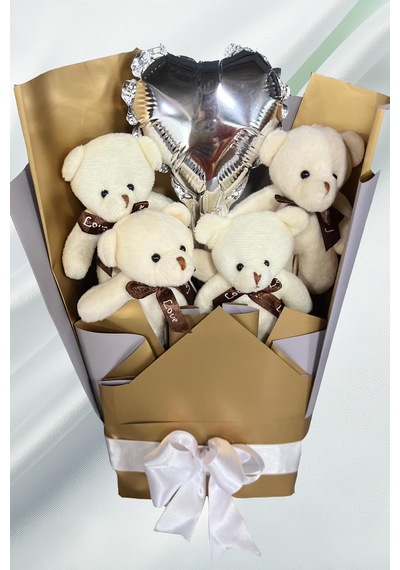 Sole Sevgiliye Özel Dore-gümüş Konsept Balonlu Romantik Peluş Ayıcık Buketi