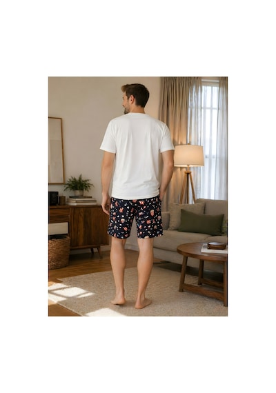 Pijamask Erkek Popcorn Baskılı Şotlu Pijama Takım Beyaz