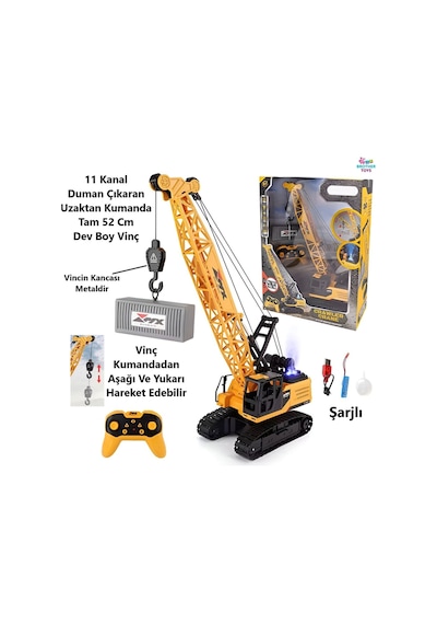 11 Kanal Dev Boy 52 Cm. Uzaktan Kumandalı Vinç Kancası Metal Sesli Işıklı Şarjlı İş Makinesi 11 Kanal Vinç