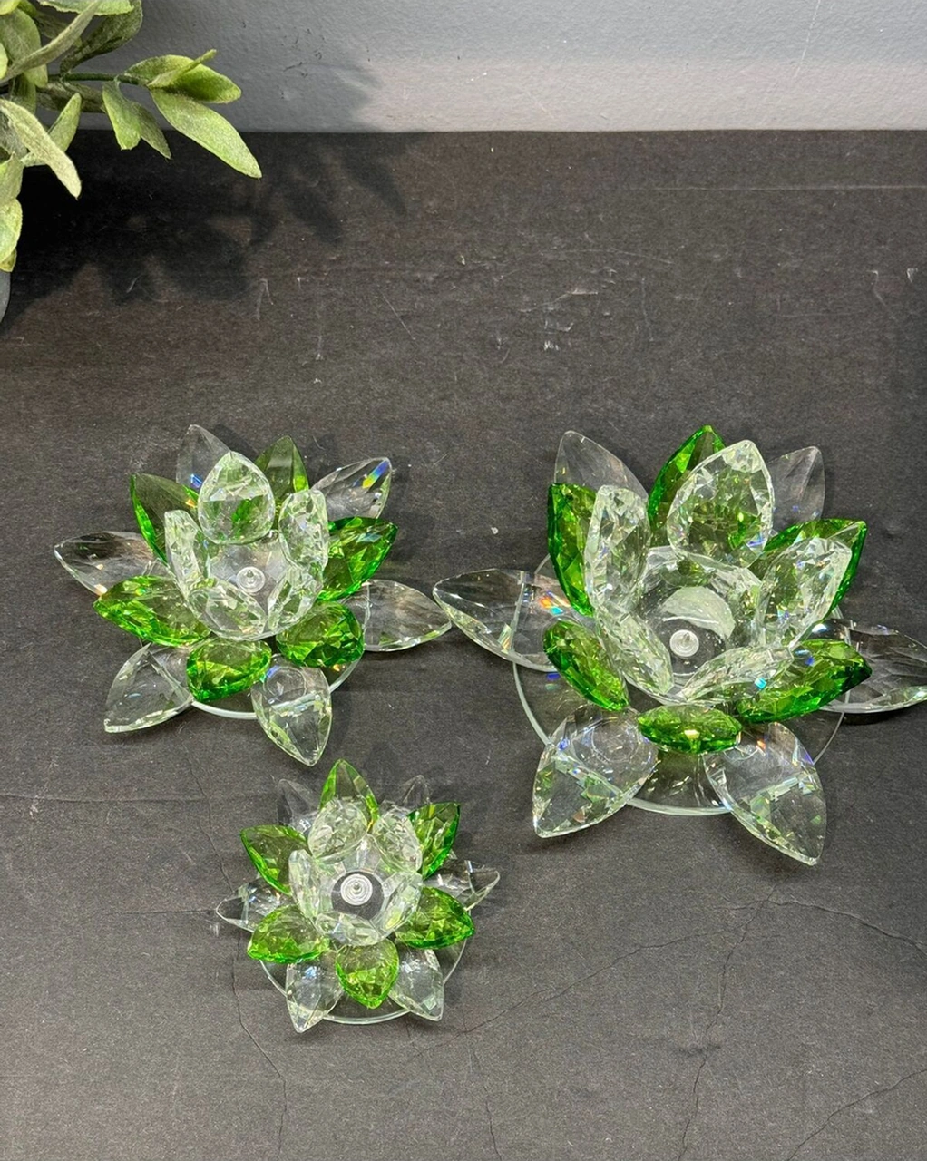 Dekoratif Kristal Cam Üçlü Cam Lotus Mumluk Yeşil