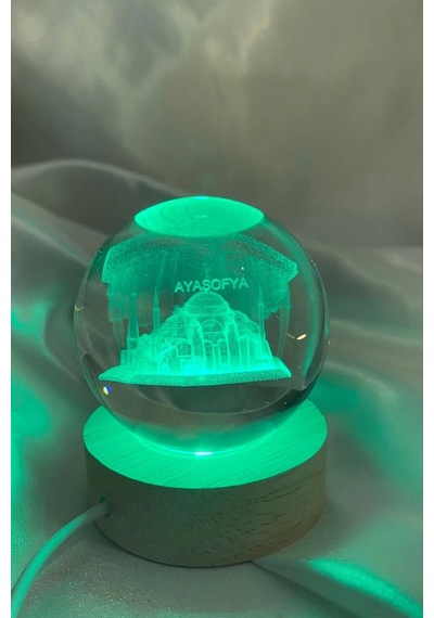3d Led Işık Gecelambası Cam Küre Çok Renk Günışığı Ahşap Ayasofya Cami Gece Lambası 6 Cm