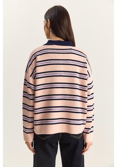 Shade Polo Yaka Çizgili Basic Triko Kazak 20258061 - Pembe