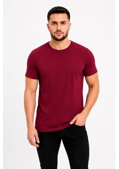Defymoda Erkek Basic Tişört Bisiklet Yaka Kısa Kol Günlük Yazlık Slim Fit T-shirt - Bordo