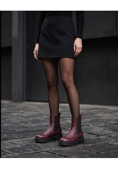 Futsishoes Freya Bordo Hakiki Deri Kalın Taban Lastikli Günlük Şık Kadın Bot