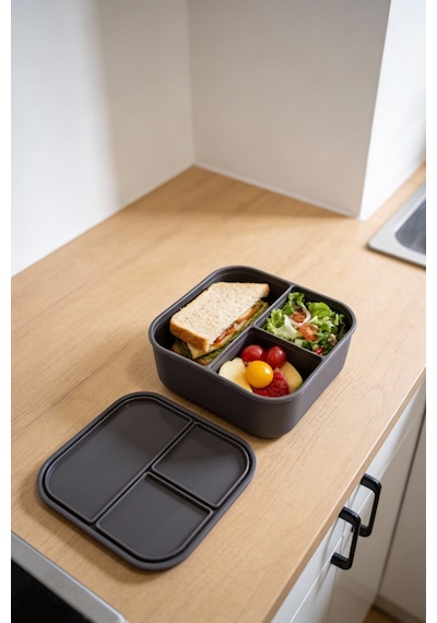 3 Bölmeli Silikon Saklama Kabı Kapaklı, Sızdırmaz, Öğün & Lunch Box Gri
