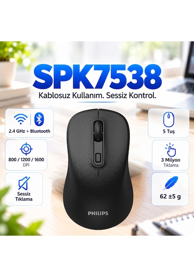 Philips SPK7538 Kablosuz Bluetooth 1600 DPI 5 Tuşlu Sessiz Mouse