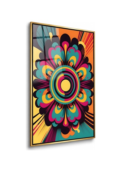 Retro Şeritli Çiçek Mandala Gold Çerçeveli Cam Tablo