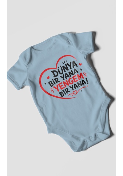 Morivokids Dünya Bir Yana Yengem Bir Yana Kısa Kollu Bebek Body %100 Pamuk Bebe Mavisi