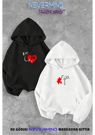 Nevermind Sevgili Çift Kombini Me&you Puzzle Baskılı Kapüşonlu Sweatshirt 2 Siyah-beyaz