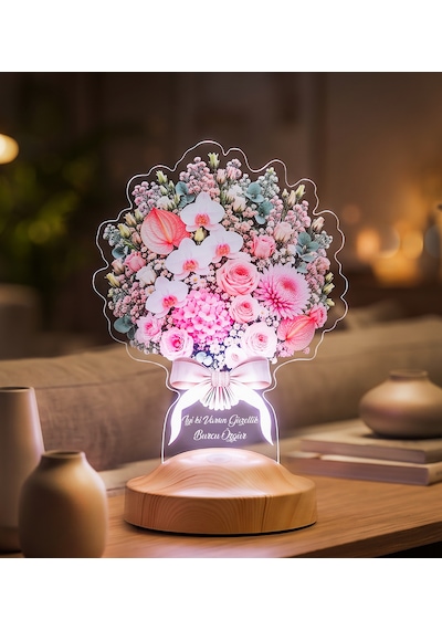 Premium Pudra Zarafet Buketi Led Lamba, Kadına Solmayan Çiçek Hediyesi, Işıklı Pudra Pembe Çiçek Buketi