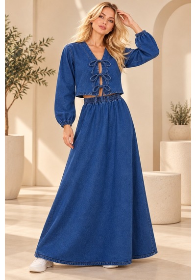 Bul-al Kadın Bağlama Detaylı Denim Crop Ve Uzun Etek İkili Takım Lacivert