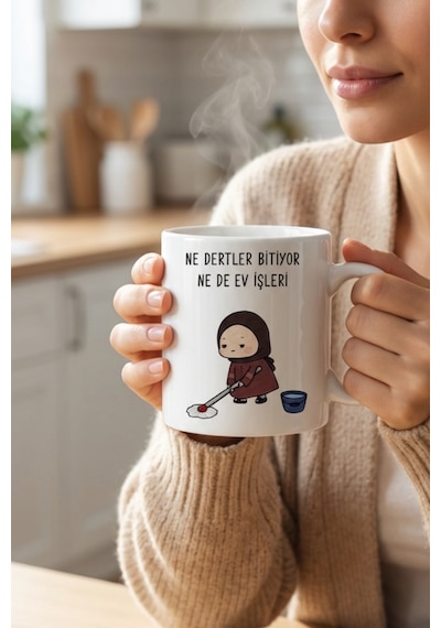 Ne Dertler Bitiyor Ne De Ev İşleri Yazılı Kupa Bardak Komik Tasarım Kahve Kupası Beyaz