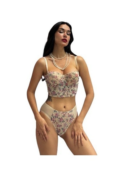 Onsekiz18shop Destekli Güllü Ten Rengi Çiçek Baskılı Büstiyer Takım