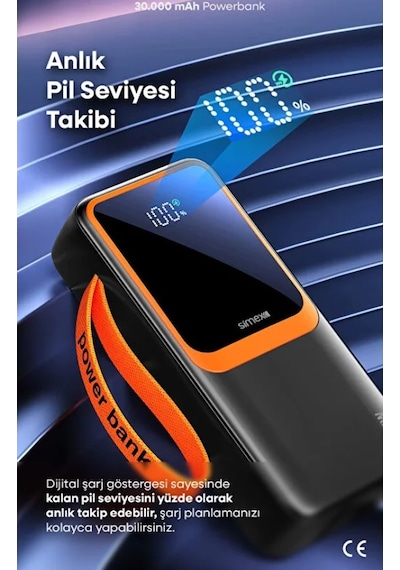 Simex 30.000 Mah Powerbank 30000 Mah Ekranlı 22.5w Pd Hızlı Şarj Fenerli Kablolu Type C Lighting Renkli