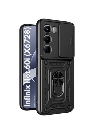 Infinix Hot 60i Uyumlu Tank Kılıf - Yüzüklü Standlı Extra Koruma Zırhlı Outdoor Kapak - Siyah Siyah