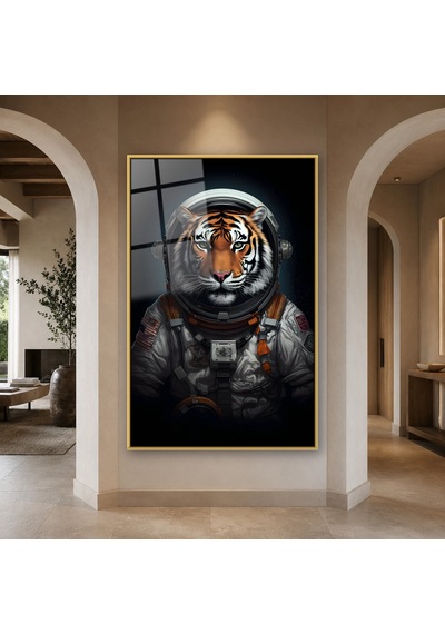 Astronot Kıyafetli Kaplan Portresi Gold Çerçeveli Cam Tablo