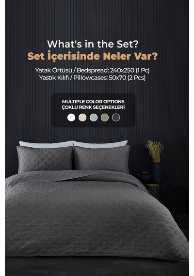 Evlen Home %100 Pamuk Çift Kişilik Özel Taş Yıkama Yatak Örtüsü Barbara 3 Parça Yumuşak Modern Antrasit