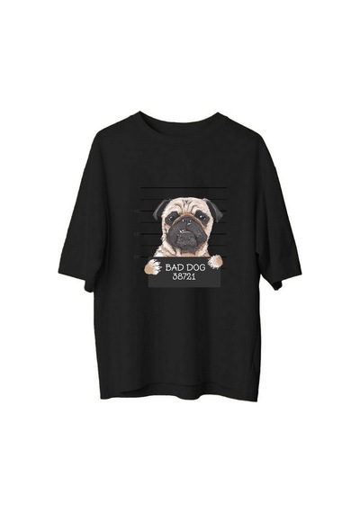 Paybuy Erkek Oversize Tişört Mizahi Köpek Portre Baskısı Rahat Kesim Gün Siyah