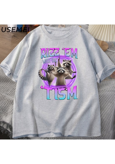 Flood Of Style Rizz Em Tism Rakun T-shirt Çöp Panda Komik Grafik T Shirt Erkekler Komik Pamuk Kısa Kollu Har Gri