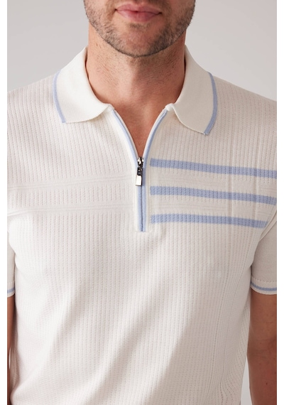 Erkek Kemik Slim Fit Hafif Çizgili Fermuarlı Polo Yaka Tişört